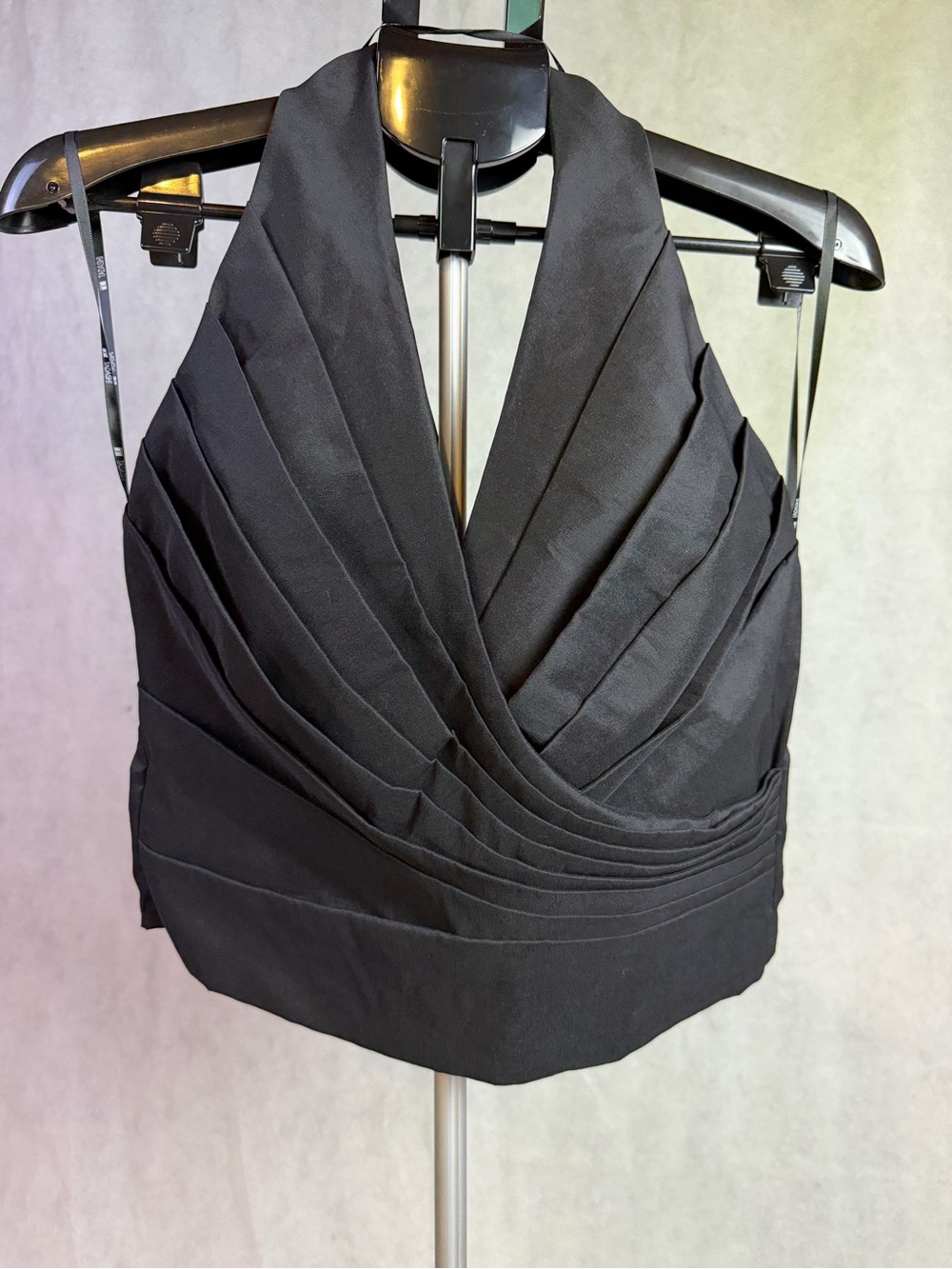 Vintage Tadashi Evening Pintuck Halter Top Black Size 14 Formal Faux Wrap